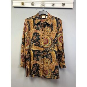 Studio C Plus Button Down Women 14/16 Multicolor Paisley Long Sleeve Blouse Boho
